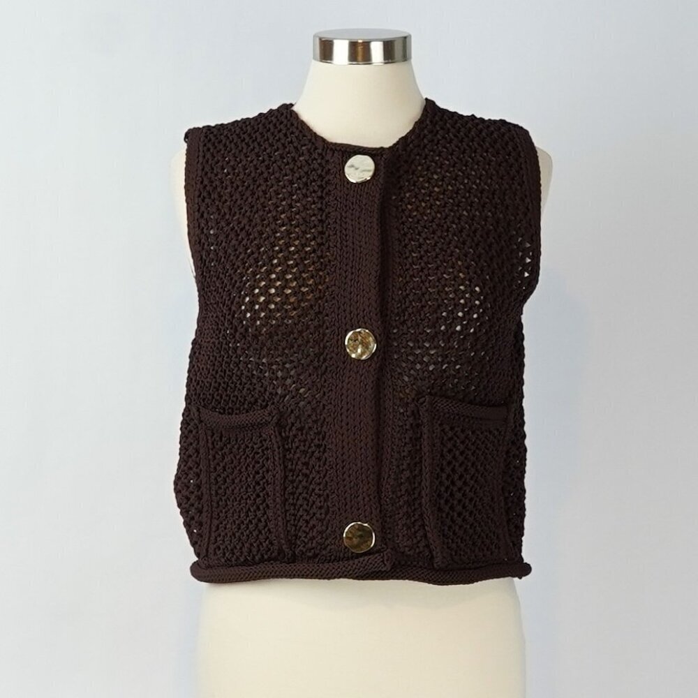 Vigoss Crochet Sweater Vest Chocolate Brown Gold Buttons - Size Small